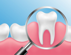 Magnifying glass inspecting a tooth and surrounding gums