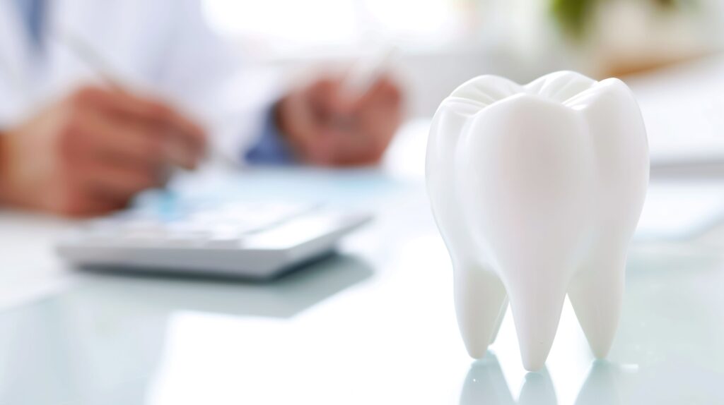 Large model tooth on reflective desk next to calculator and hands in the background